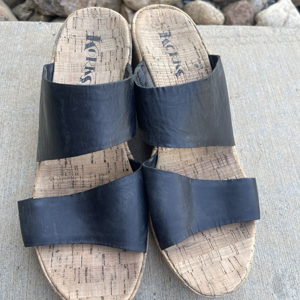 Korks Menzie Black Cork‎ Leather Slides Sandals Size 10 M EU 42 Wedge Slip On